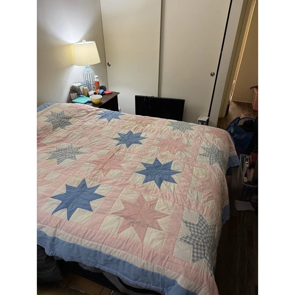 Vintage Eight Point Star Handmaid Pieced Hand Quilted Blue & Pink Patchwork